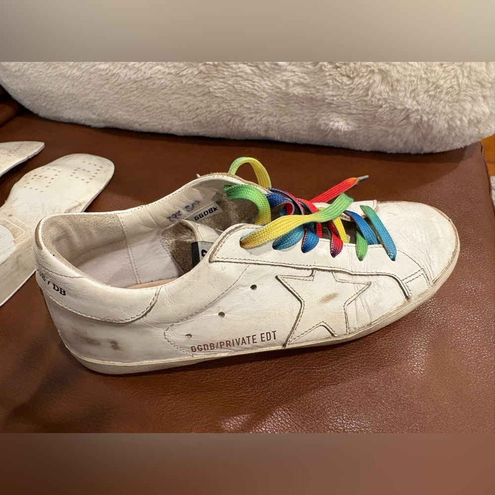 Golden Goose Super-Star White Leather Sneakers Rainbow Laces Size 37 Italy - Picture 10 of 15